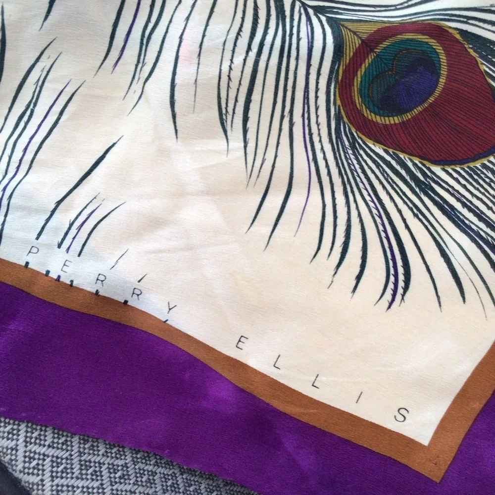 Silk Peacock Feather Print Scarf in Cream and Purple - Picture 2 of 3